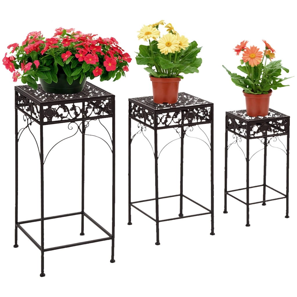 Set 3 Pezzi Piedistallo Porta Piante in Ferro Battuto, Portavasi Decorativo per Giardino Balcone e Interni