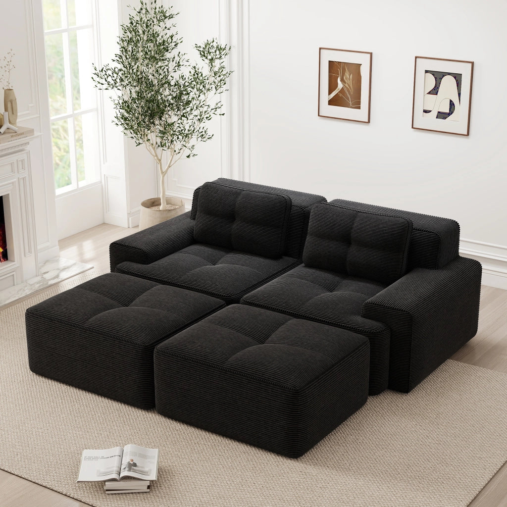 Divano Modulare Cloud 2 Posti con Ottoman ¨C MINIMAL ¨C Velluto a Coste, Nero