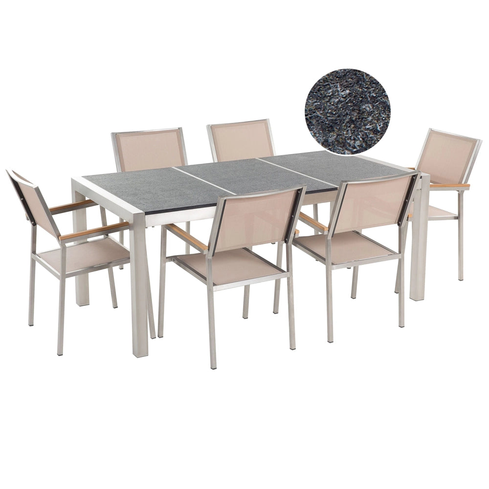Set da Giardino Tavolo Piano Basalto Fiammato 6 Sedie Beige 180 x 90 cm Giardino Terrazzo Balcone