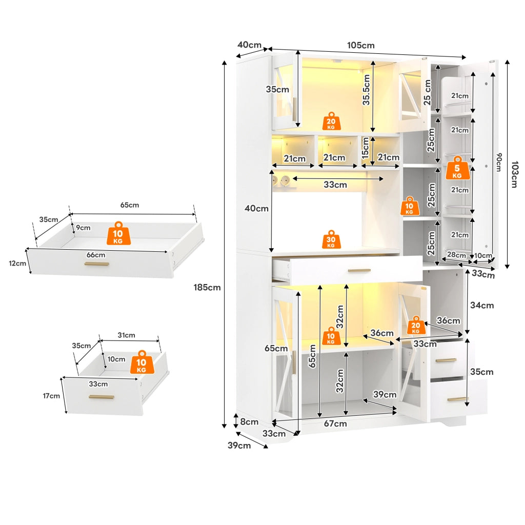 Credenza alta con LED e prese, 105x40x185 cm, bianca