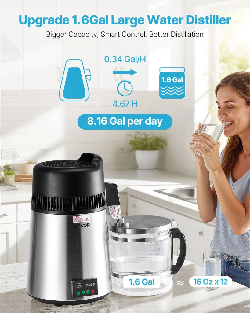 Distillatore d'acqua da banco 6 L 900 W YMK60208 in acciaio inox 304 e vetro, purificatore robusto e facile da usare per uso domestico e cucina