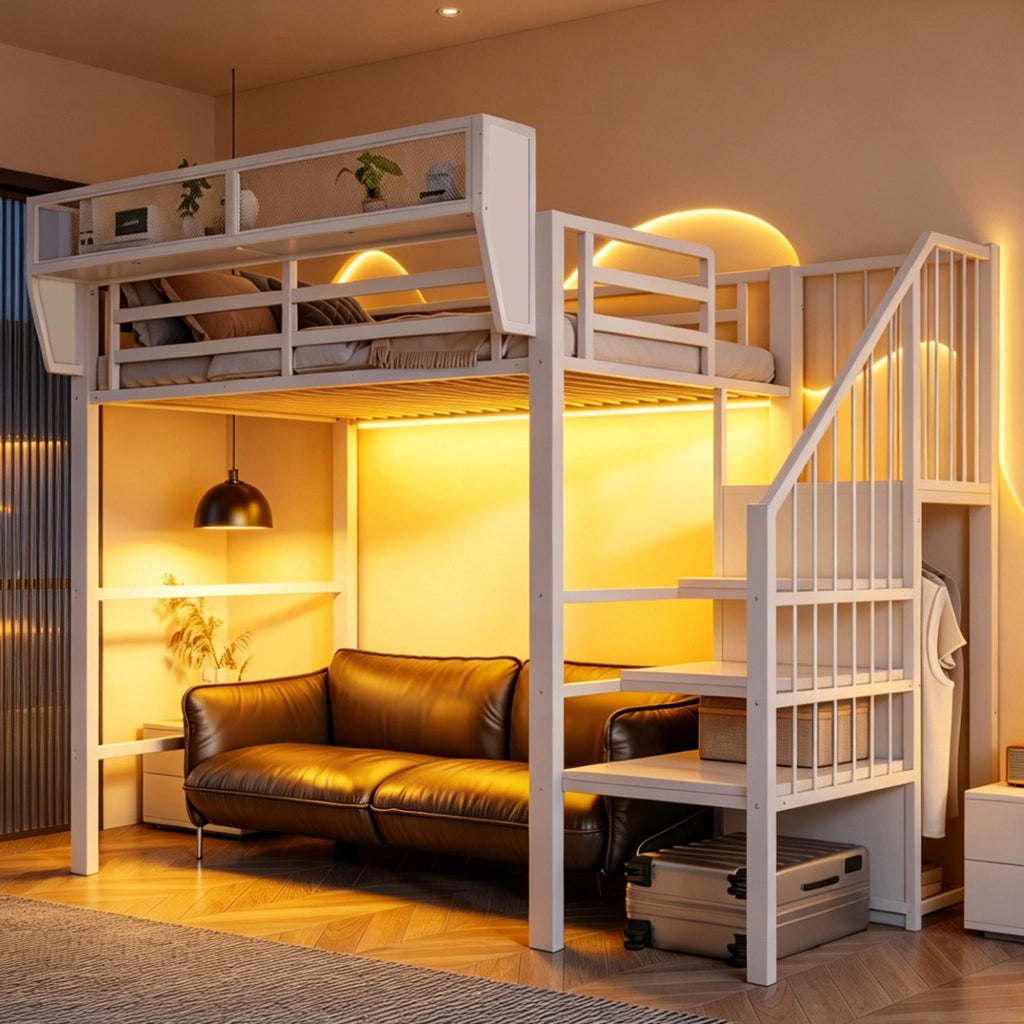 Letto a soppalco 90x200 con scala di sicurezza e LED, metallo e MDF, bianco e nero