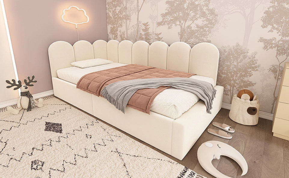 Letto Giorno Poltrona 90x190 cm in Velluto Beige con Contenitore Idraulico e Rete in Metallo per Bambini, Senza Materasso