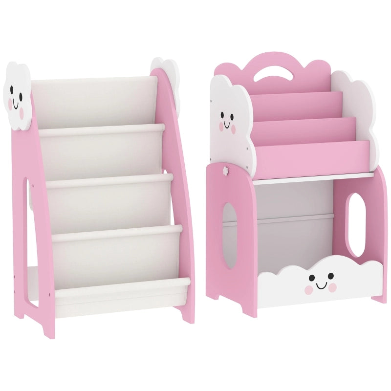 Scaffale per bambini 3-in-1 modulare rosa con 4 tasche e 3 ripiani, libreria e comodino