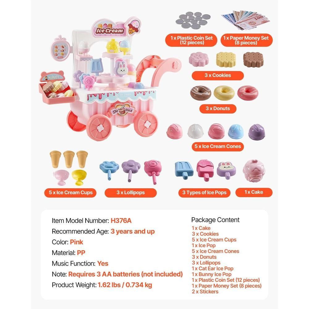 Carretto Gelati Bambini 27 Pezzi Accessori Negozio Giochi Carrello Soldi Finti Suoni Luci Educativi Rosa
