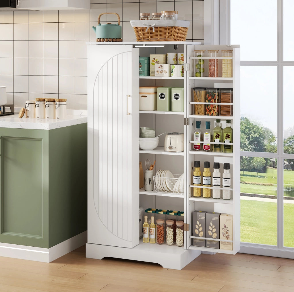 Credenza da cucina bianca salvaspazio con luce LED e ripiani