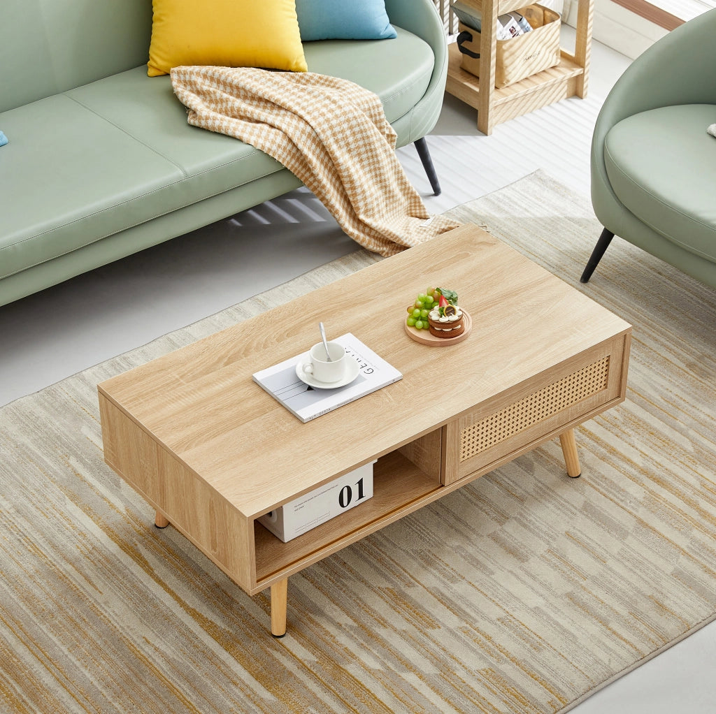 Tavolino 105x55x41,5 cm MDF finitura naturale anta scorrevole effetto rattan