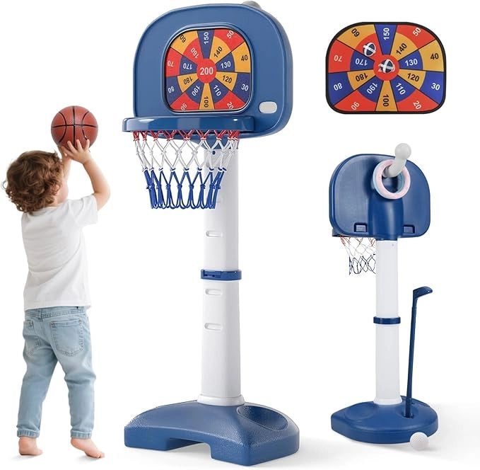 4 in 1 Pallacanestro per Bambini, Canestro da Basket Regolabile con Gioco dell'Anello, Palla Appiccicosa e Set da Golf, 53x51x100-140 cm