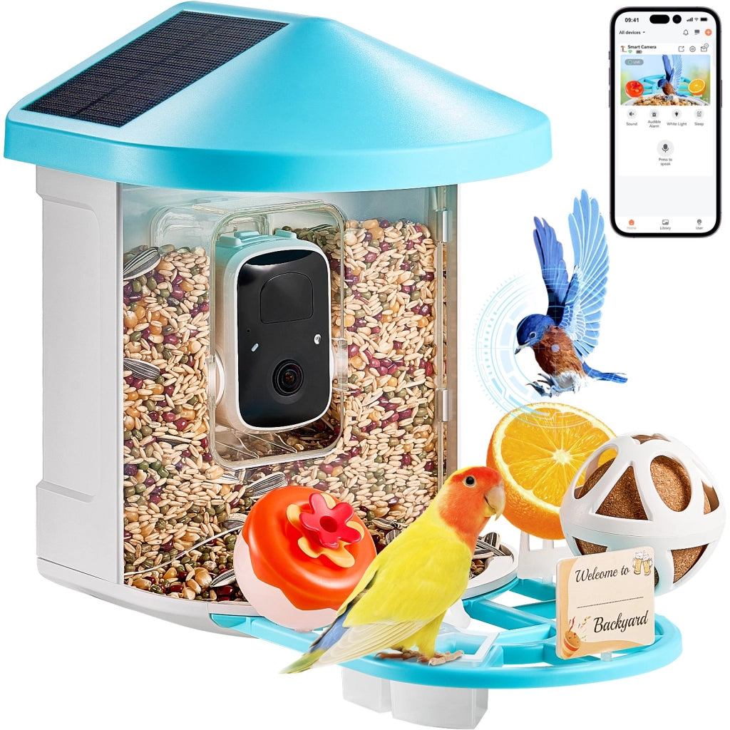 FB-A04 mangiatoia per uccelli intelligente con telecamera 2K HD AI, 2 pannelli solari, notifica istantanea, per giardino e birdwatching