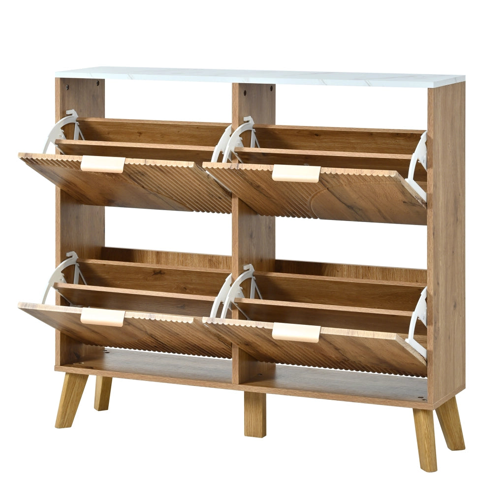 Scarpiera con quattro ante a ribalta piano effetto marmo MDF naturale gambe in legno 105 × 24 × 95;5 cm