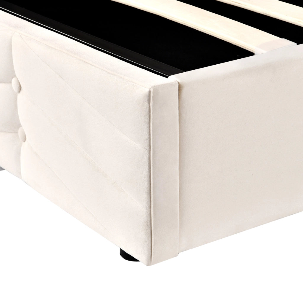 Letto imbottito 140x190 cm con rete a doghe regolabile e testiera in velluto beige