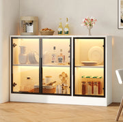 Vetrina in vetro grigia con LED, 120 x 30 x 73 cm, struttura bianca in truciolato, ante in vetro temperato, ideale per salotto, ufficio o sala da pranzo