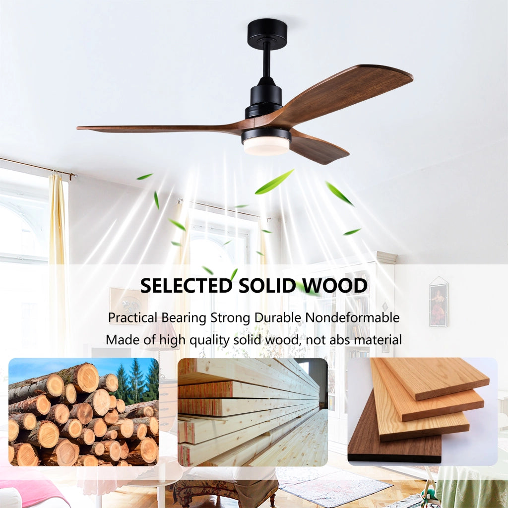 Ventilatore da soffitto con luce; telecomando e pale in legno massello; nero e noce scuro