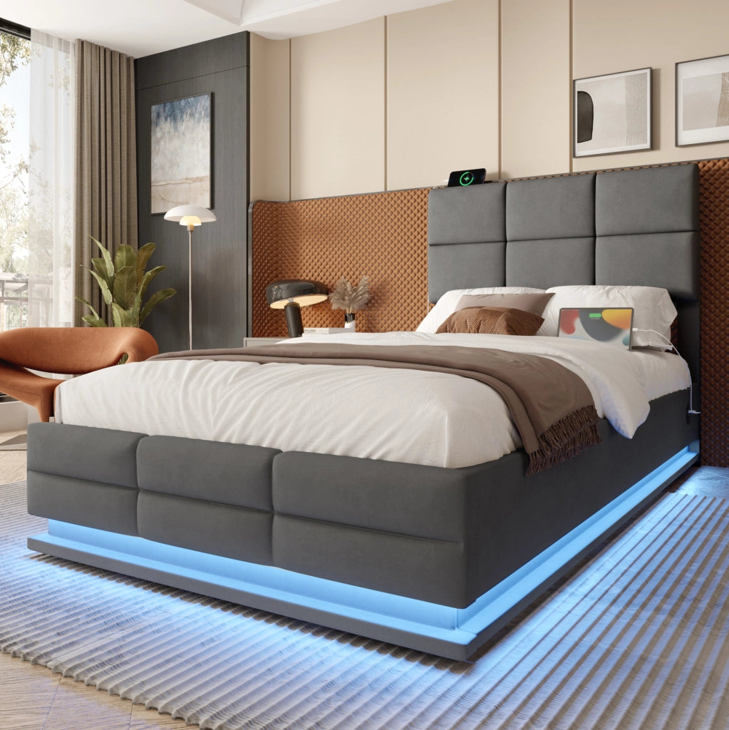 Letto singolo 90x200 cm con contenitore; testiera regolabile; LED e USB; velluto grigio scuro