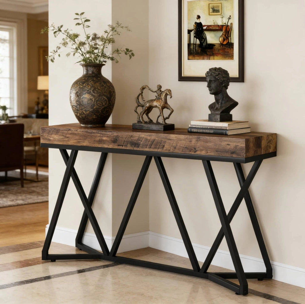 TAVOLO Consolle 140 cm MDF e Metallo Nero Marrone Rustico