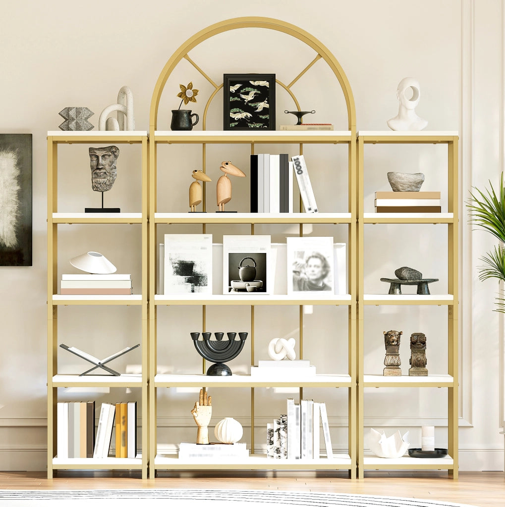 Scaffale modulare a 3 elementi con arco; MDF e acciaio; 163 × 30 × 184 cm; oro e bianco