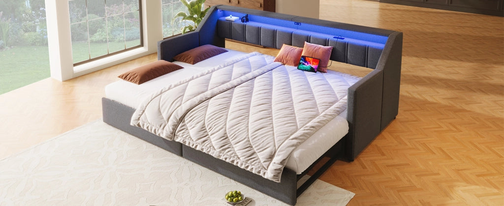 Divano letto 90x200 cm con USB, Type-C, LED e 2 cassetti grigio