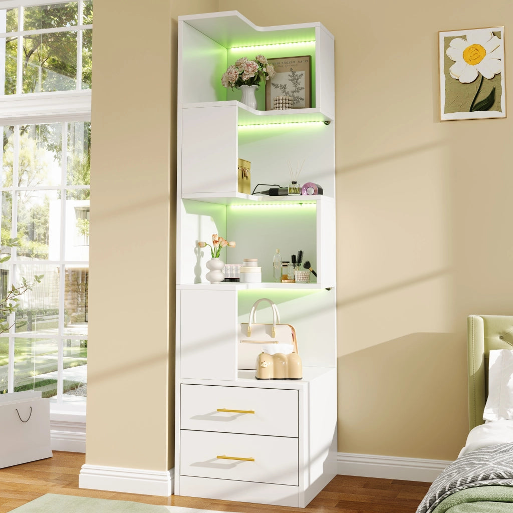 Scaffalatura angolare a 4 livelli con LED e 2 cassetti in pannello truciolare bianco 45 × 45 × 165 cm