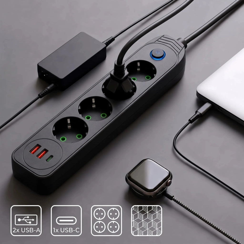 Multipresa Con Prolunga, 4 Prese + 2 Porte Usb-a + Usb-c Jnh025-4b Black