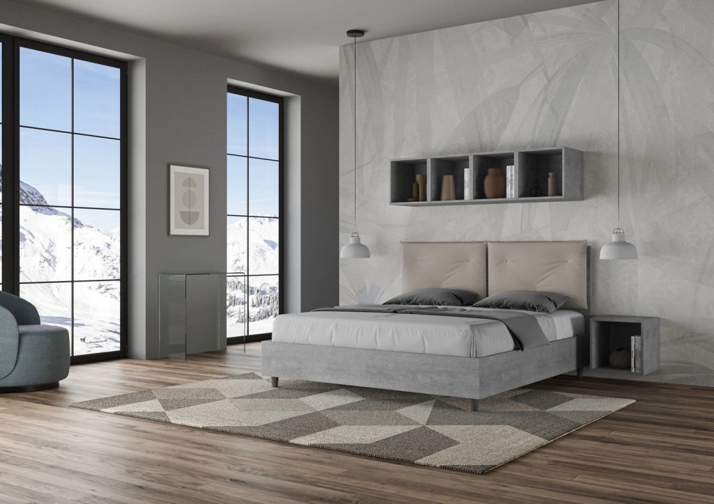BS COM Letto matrimoniale contenitore 160x190 Cemento cuscini similpelle tortora