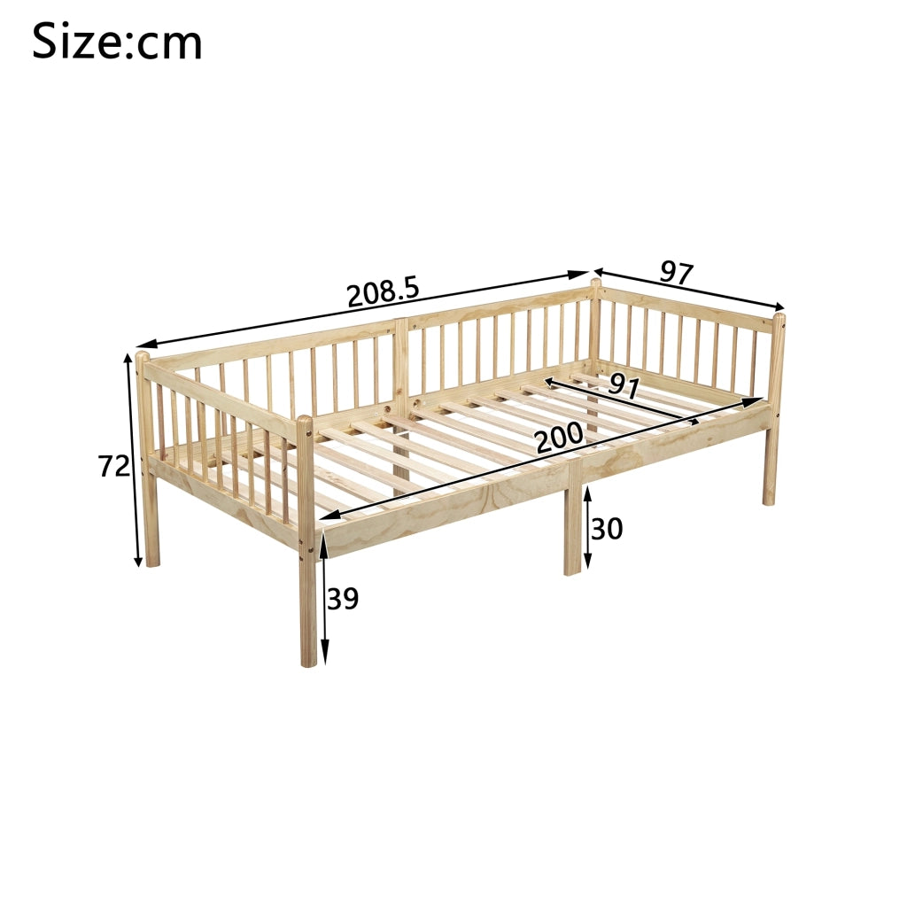 Letto da giorno 90x200 cm con sponde a tre lati; in legno di pino naturale