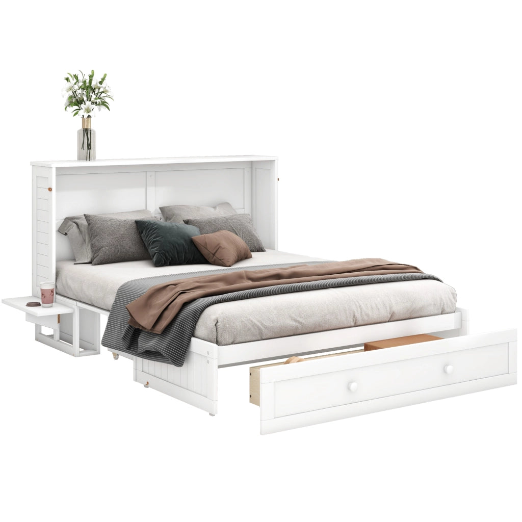 Letto pieghevole mobile 140x200 cm con cassetto e ripiani laterali, bianco