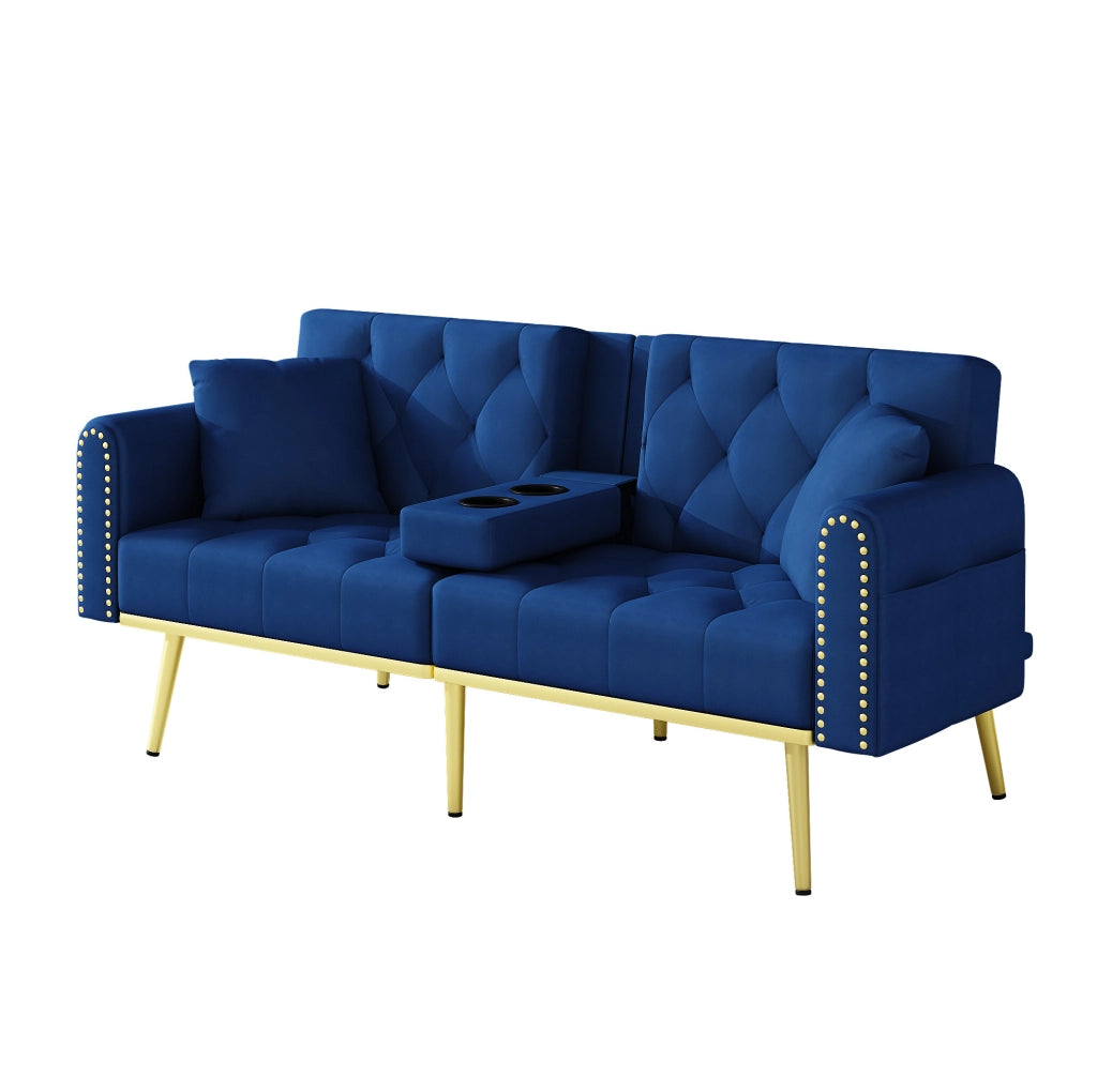 Divano letto multifunzionale in velluto blu con schienale regolabile e portabicchieri