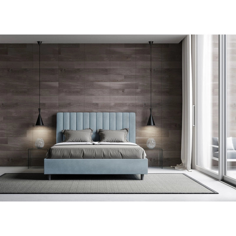Letto imbottito Letto Matrimoniale alla Francese 150x190 cm Agueda - Con rete,Microfibra,Azzurro