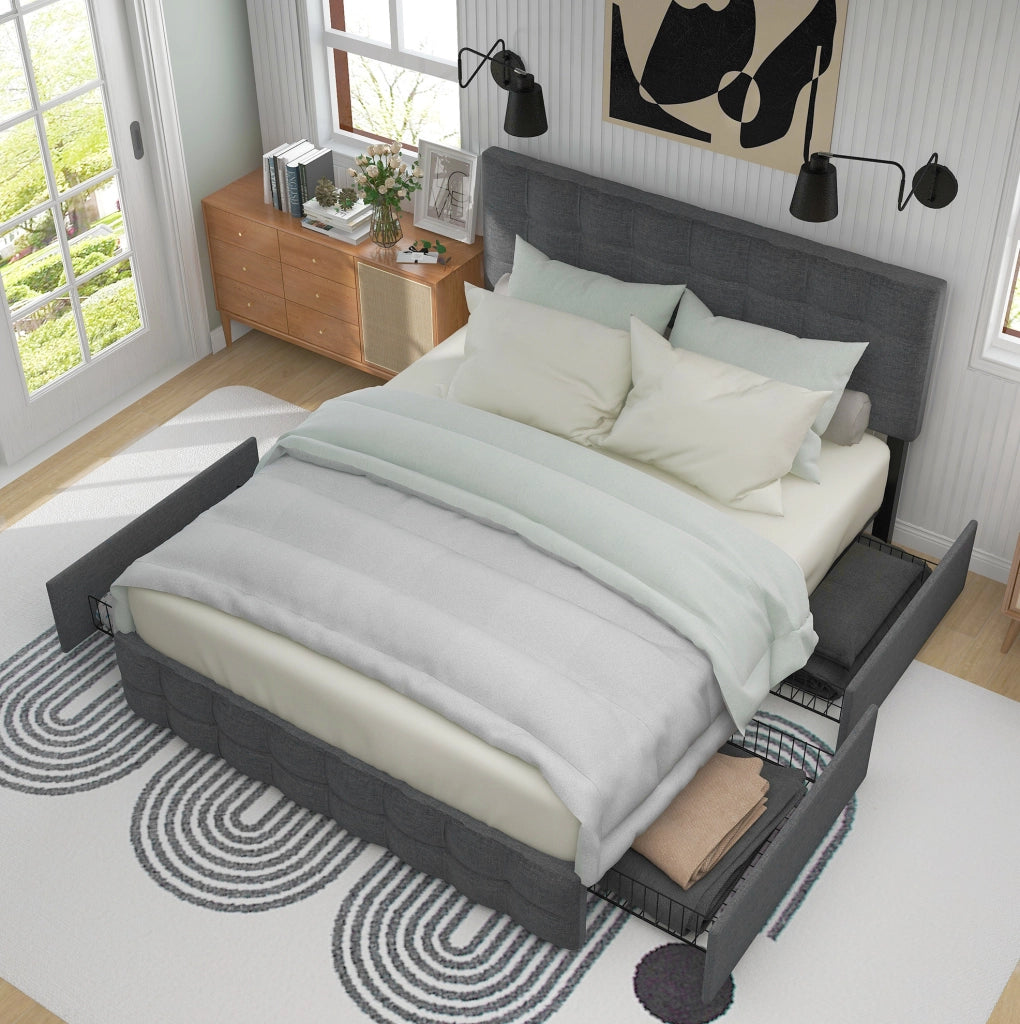 Letto matrimoniale 140x200 cm con 4 cassetti e testiera regolabile; lino grigio