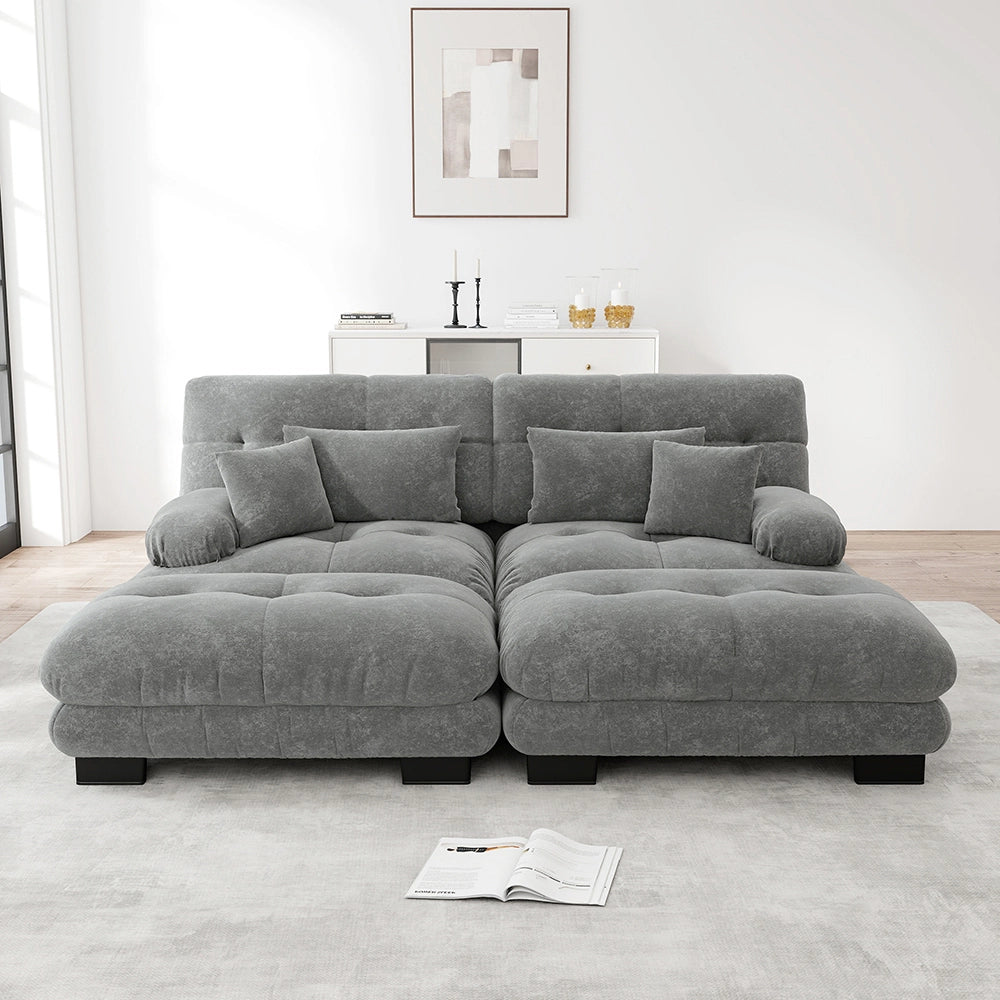 Divano angolare Cloud - Xylo - 2 posti in chenille con 2 cuscini lombari e 2 pouf, grigio