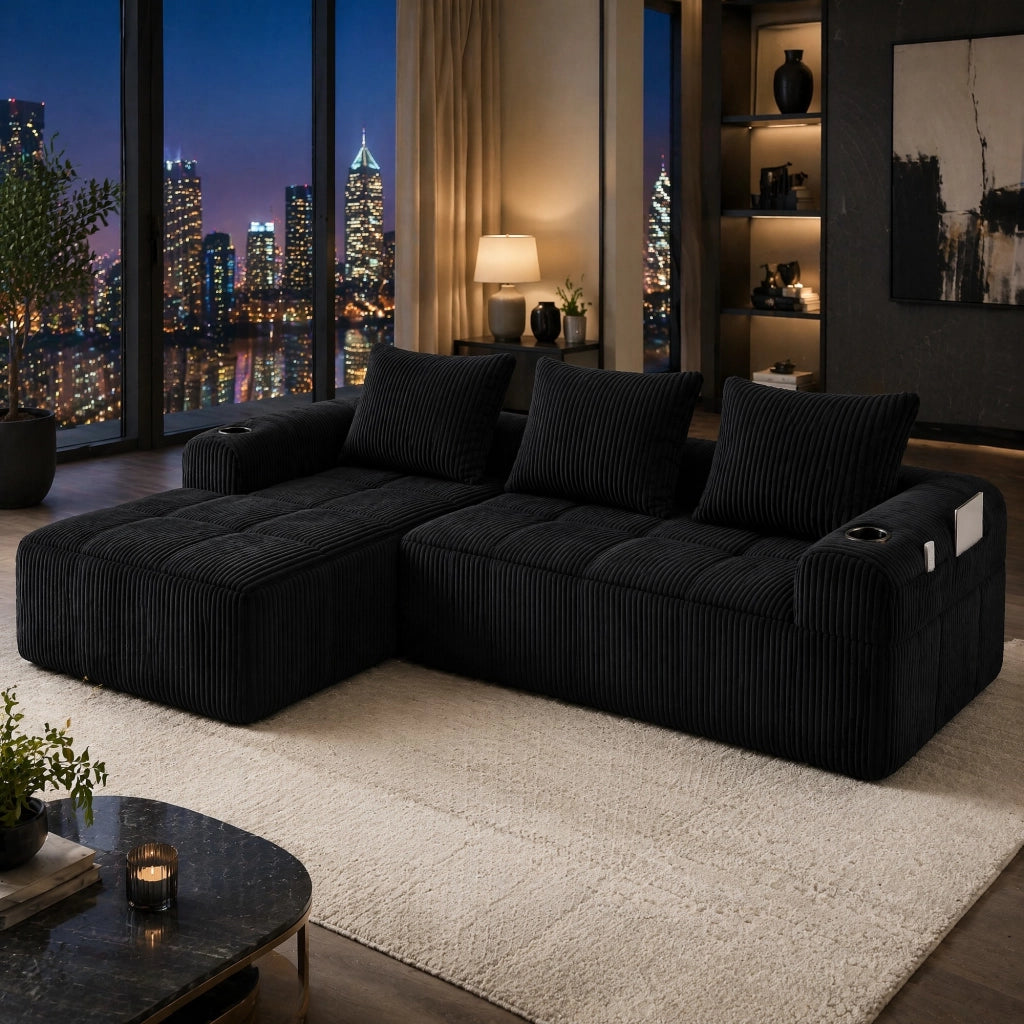 Divano modulare compatto 253x158x61 cm con tasche laterali e portabicchieri; velluto a coste nero; 3 cuscini