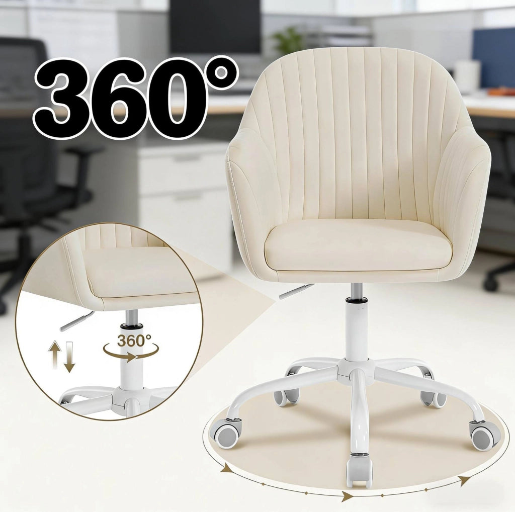 Sedia da ufficio ergonomica girevole con altezza regolabile, velluto crema bianco