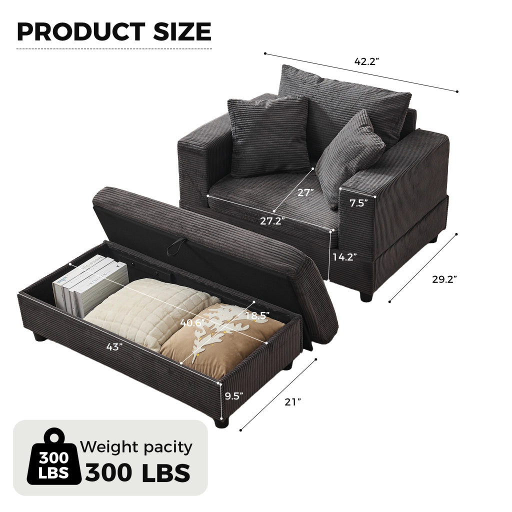 Chaise longue con contenitore e Cuscini in Tessuto a coste Grigio