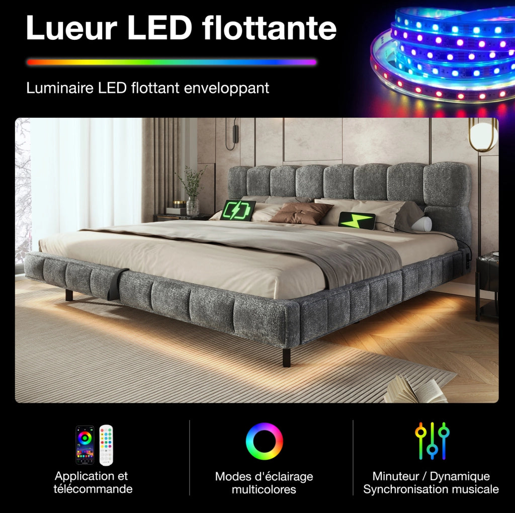 Letto matrimoniale 180x200 cm con contenitore idraulico; LED; USB e Type-C; ciniglia grigia