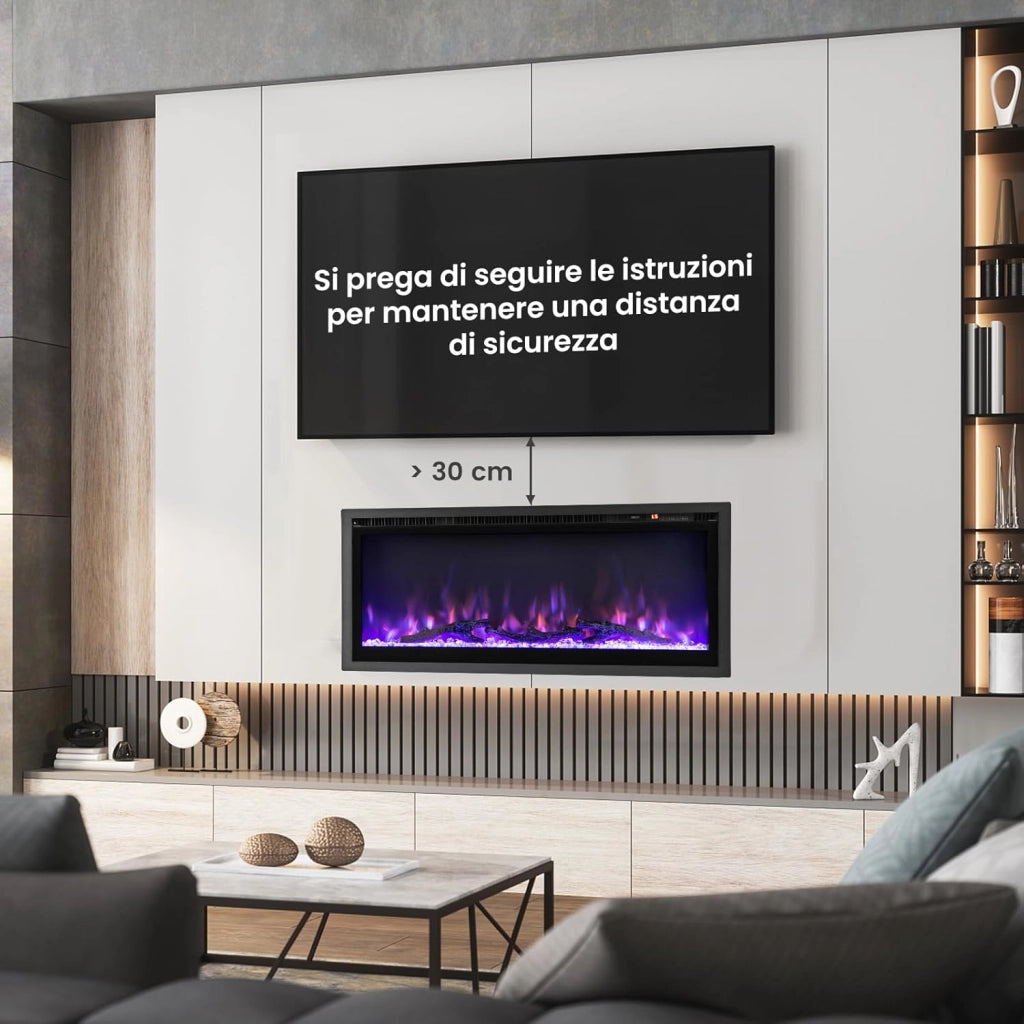 Camino Elettrico da 91,5cm da Incasso a Parete, Caminetto Elettrico da 750W/1500W con Telecomando, Termostato, Protezione da Surriscaldamento, 91,5 x 14,5 x 45 cm