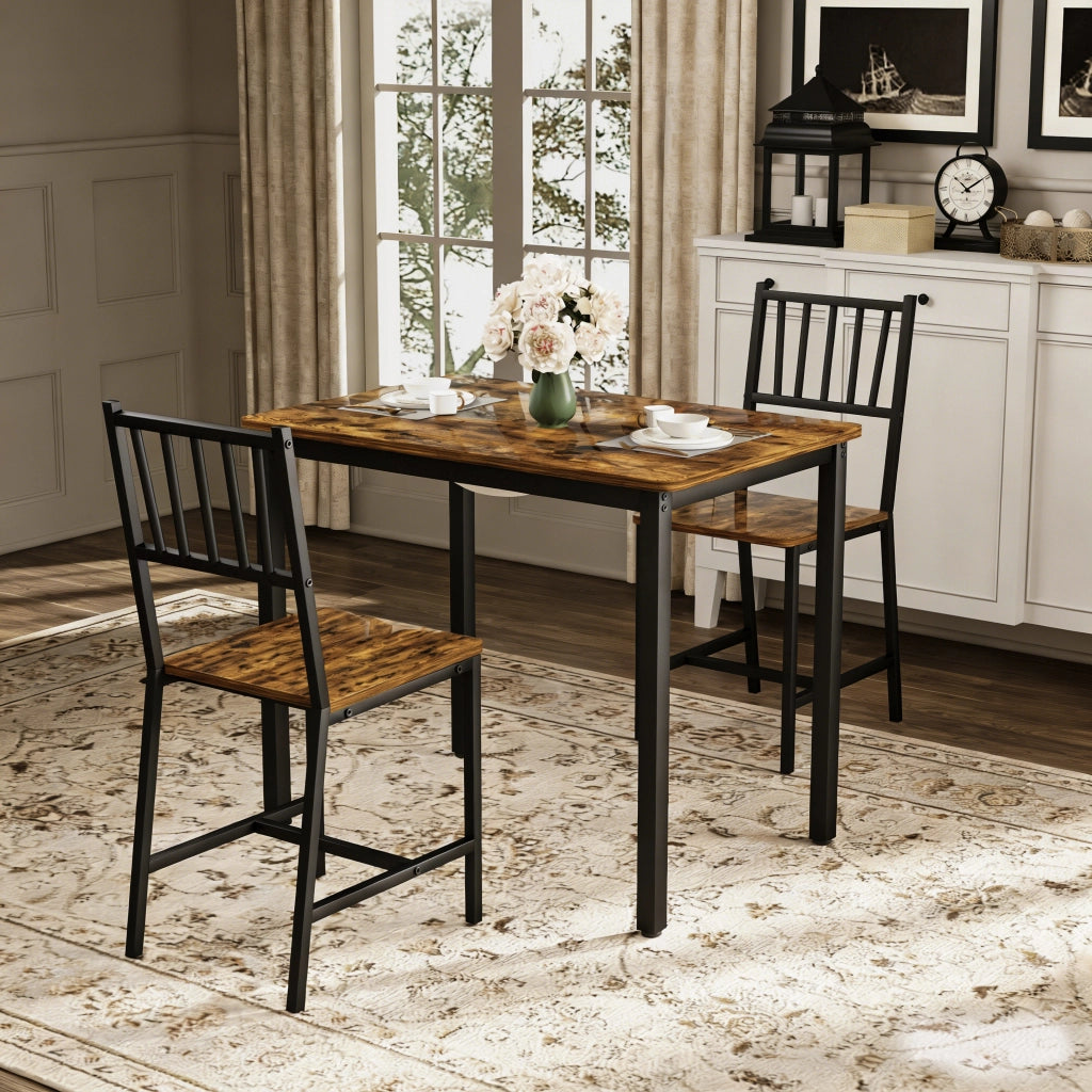 Tavolo da Pranzo con 2 Panche ¨C MINIMAL ¨C Legno Marrone Rustico e Nero