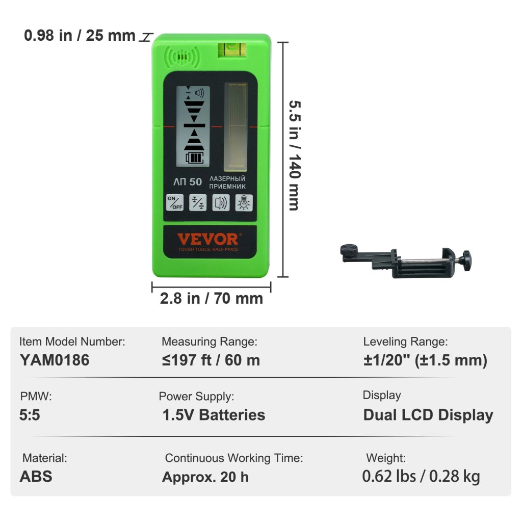 Ricevitore Laser per Livella YAM0186 Campo 60m Raggio Verde Rosso con Morsetto Doppio Display LCD Segnale Acustico Regolabile per Bricolage Fai da Te
