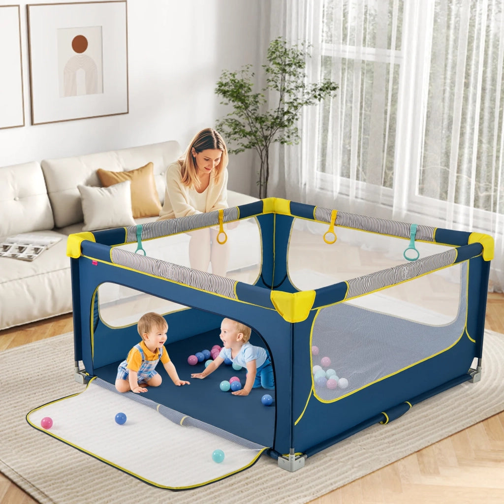 Box per bambini pieghevole 150 x 150 cm con porta a cerniera blu, recinto per bambini robusto e portatile per casa e viaggi