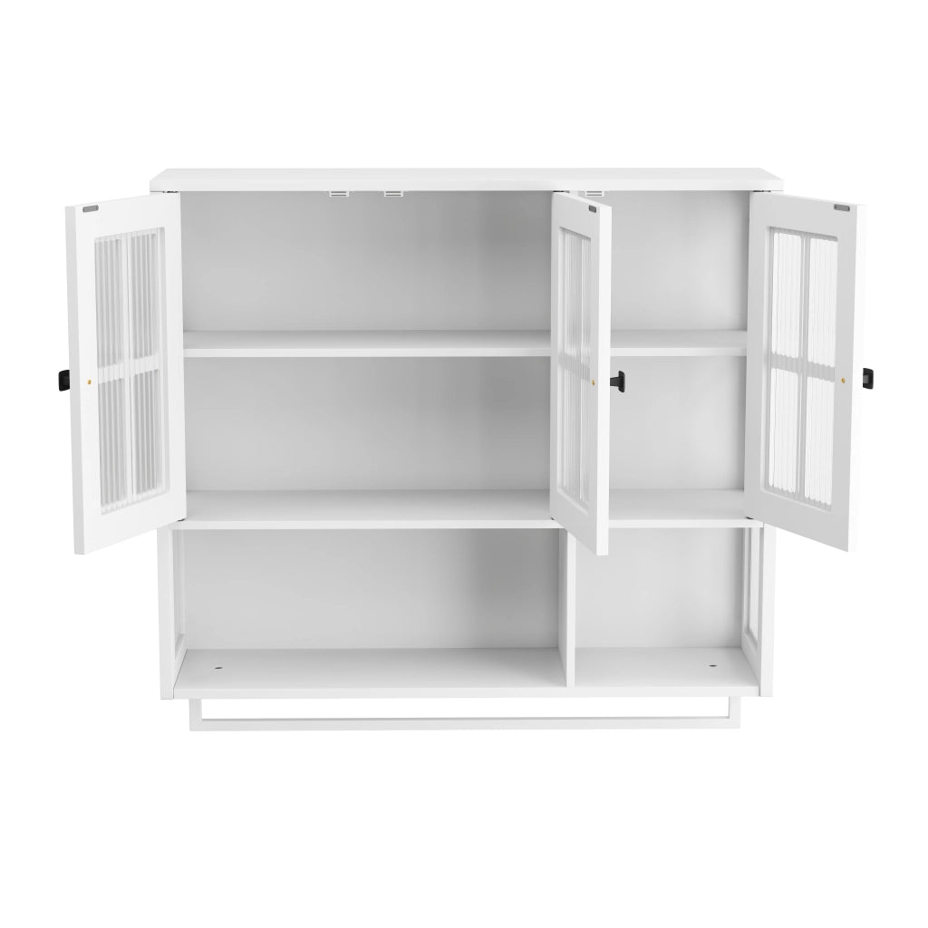 Pensile da bagno con 3 ante; 1 vano a giorno e portasciugamani; per bagno; in MDF e vetro; 88 × 26 × 82.5 cm; bianco