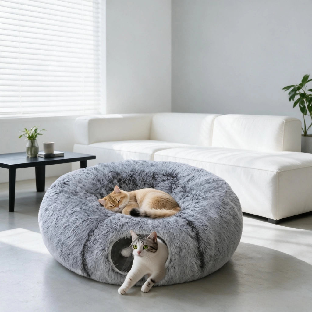 Tunnel per gatti da interno con letto a ciambella e cuscino rotondo rimovibile e lavabile