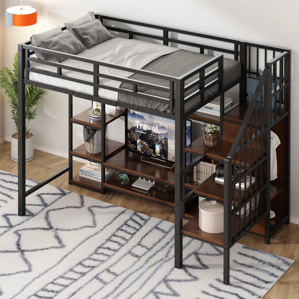 Letto a soppalco 90x200 cm nero con supporto TV e presa