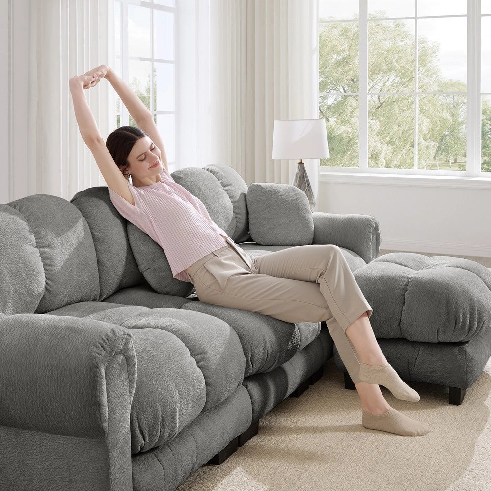 Divano 3 posti imbottito ¨C Minimal ¨C grigio chiaro, tessuto trapuntato, con 2 cuscini