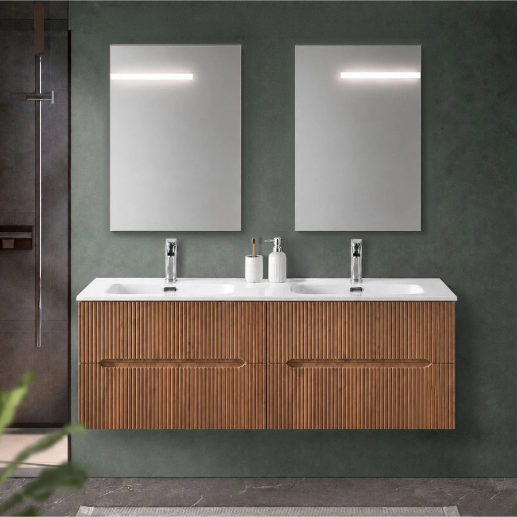 Mobile bagno sospeso 120 cm cannettato noce canaletto due cassetti e doppia vasca Bali
