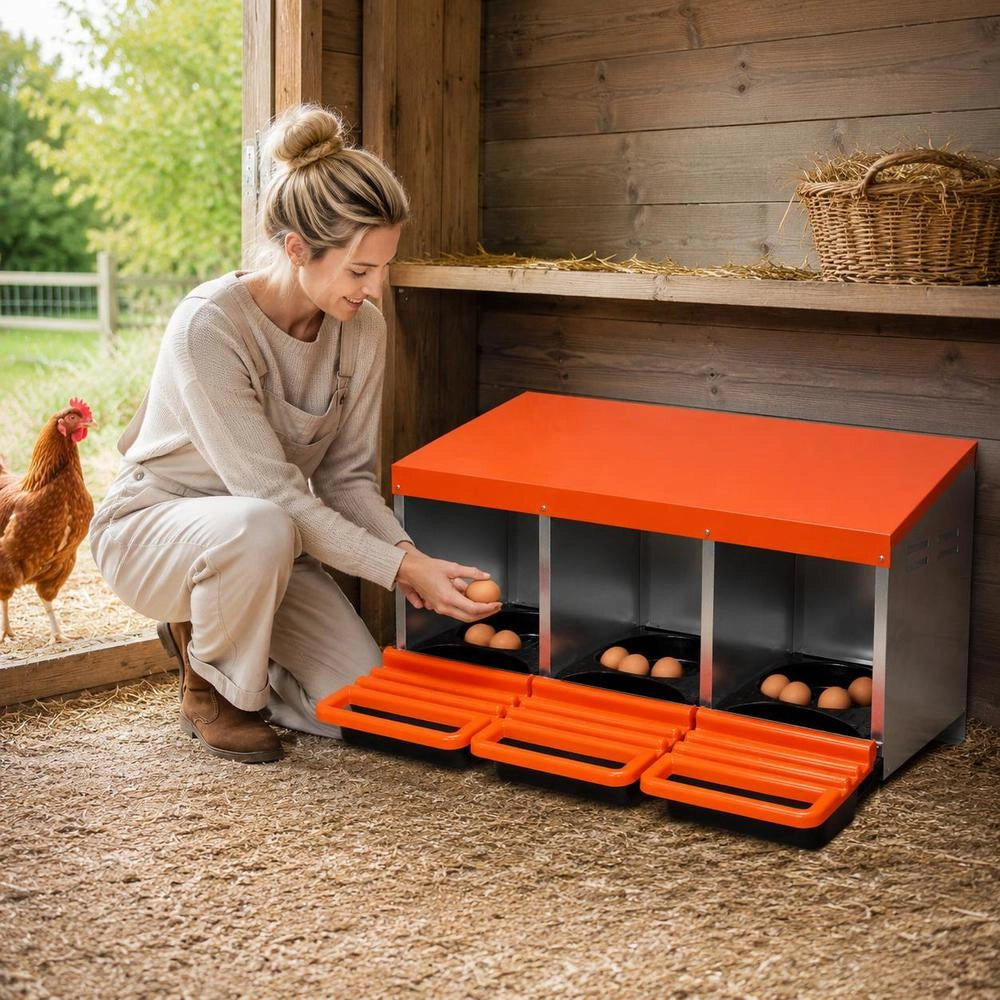 Chicken Nesting Boxes, 3 Compartments, Metal Egg Laying Boxes With Protective Collection Lids, Roll Out Nesting Box, Easy To Assemble, Ideal For Hens, Ducks, Chickens, And Other Poultry, Orange