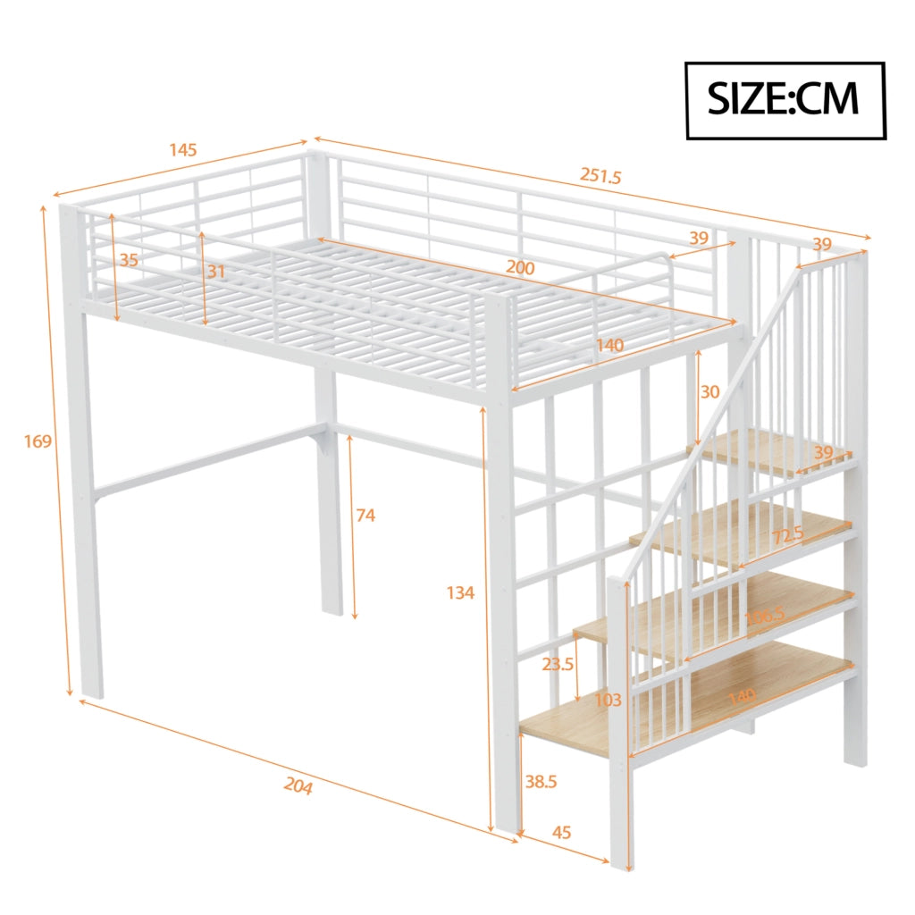 LETTO a soppalco 140x200 cm in metallo e legno bianco con scala