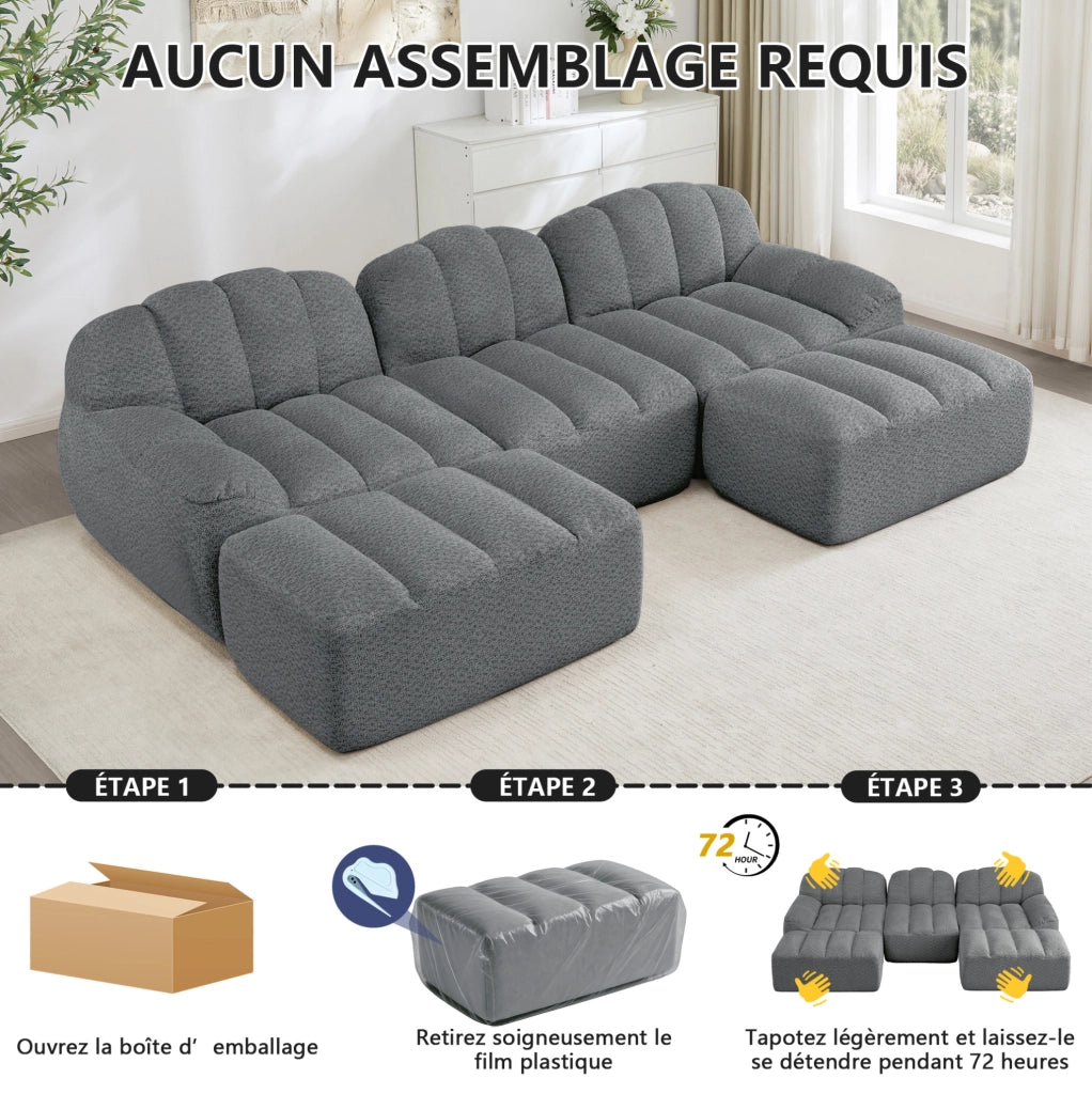Divano modulare a U 366x165x79 cm bouclé grigio 4 posti