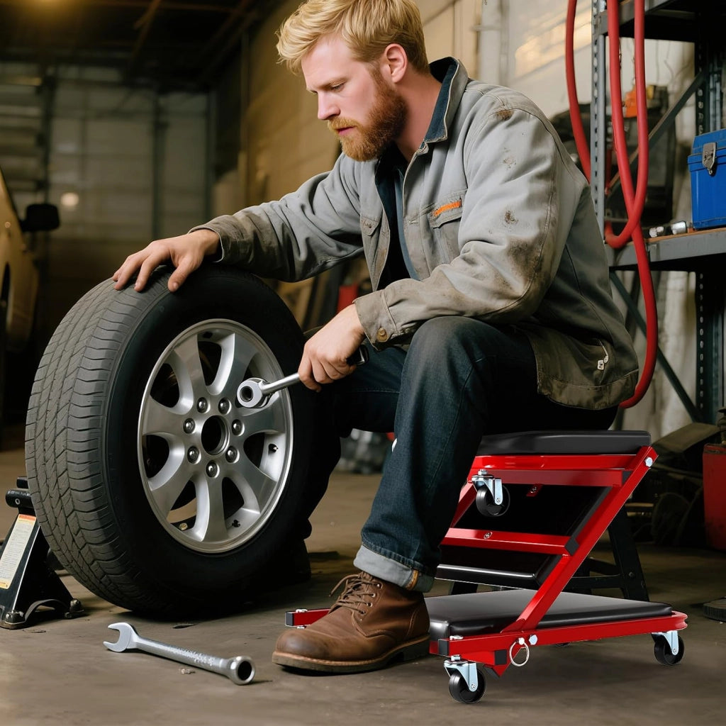 2 in 1 Sgabello da Officina a Forma di Z, Carrello Meccanico sotto Auto con Sedile Imbottito e Ruote Girevoli a 360°, Portata 150 kg, per Garage e Officina (Nero)