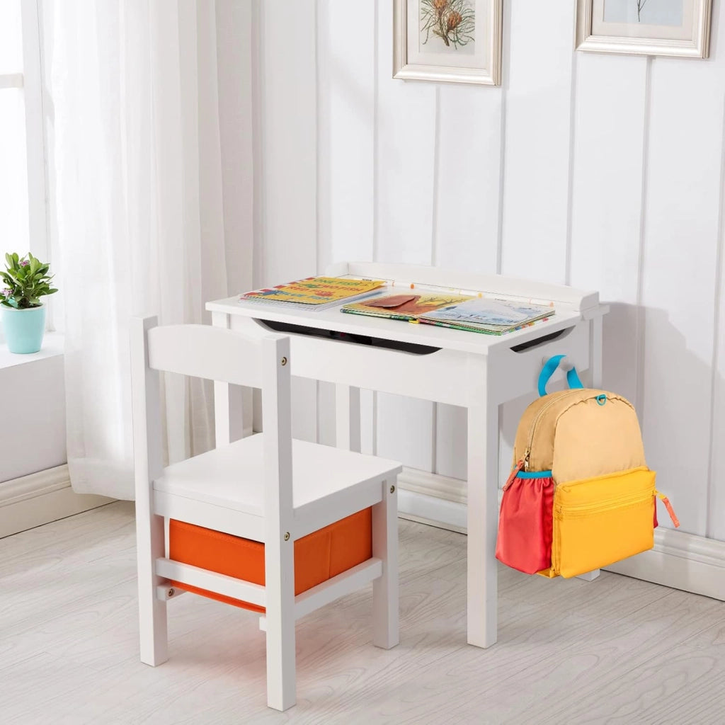 Set Tavolo e Sedia per Bambini, Scrivania Ribaltabile con Sedia per Bambini in Legno, con Cassetto e Gancio Estraibile, Bianco/Naturale (Bianco)