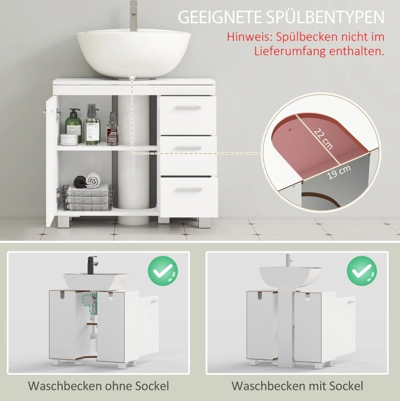 Mobile bagno bianco in MDF con ripiani, 3 cassetti e taglio a U per lavabo a colonna