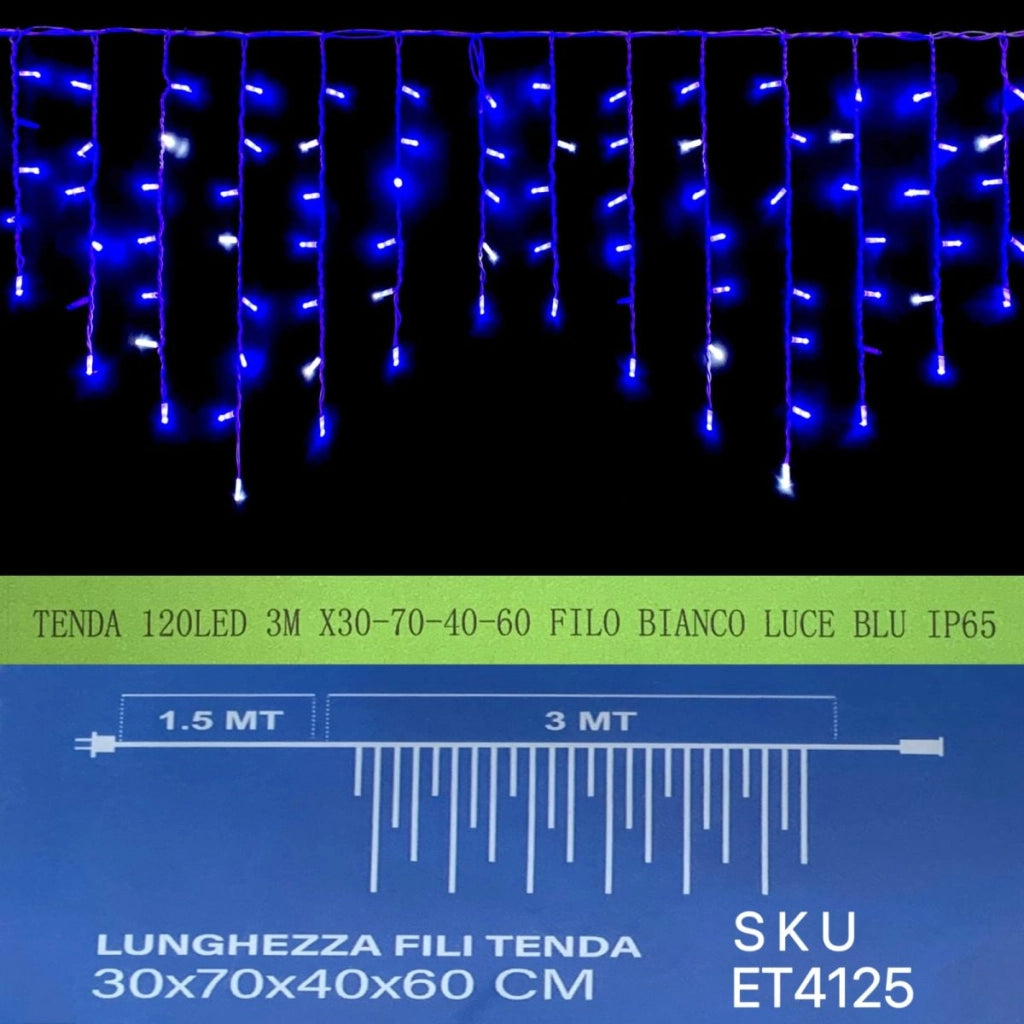 Luci Natale Tenda Luminosa Natalizia 120 LED Blu Flash Bianco 3 Metri  30-70-40-60 Filo Bianco Esterno IP65